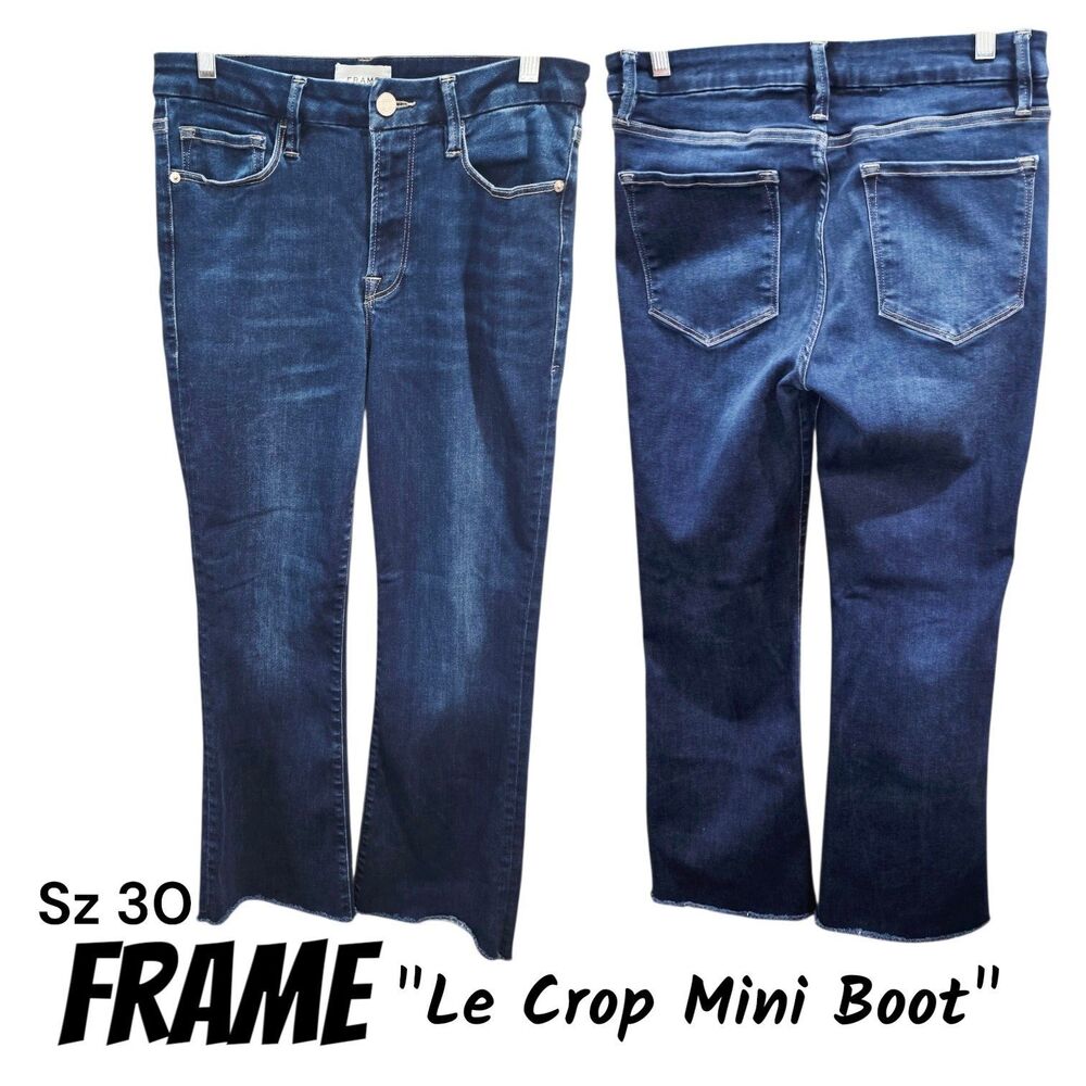 FRAME Denim Sz30 Le Crop Mini Boot Mid Rise Raw Hem Dark Wash Stretch Boho Jeans